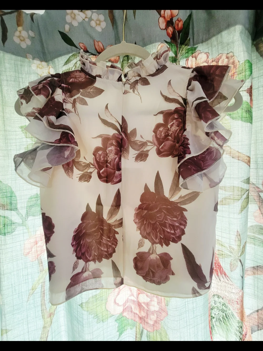 Joyfolie Cream Blouse with Floral Ruffles